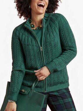 Talbots Mixed Stitch Zip Cardigan Sweater Jacket Green L NWOT
